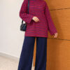 ⁦Horizontal Striped French Terry Two-Piece Set Red⁩ - الصورة ⁦3⁩