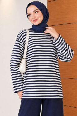 Alternative view of Horizontal Striped French Terry Two-Piece Set Navy Blue