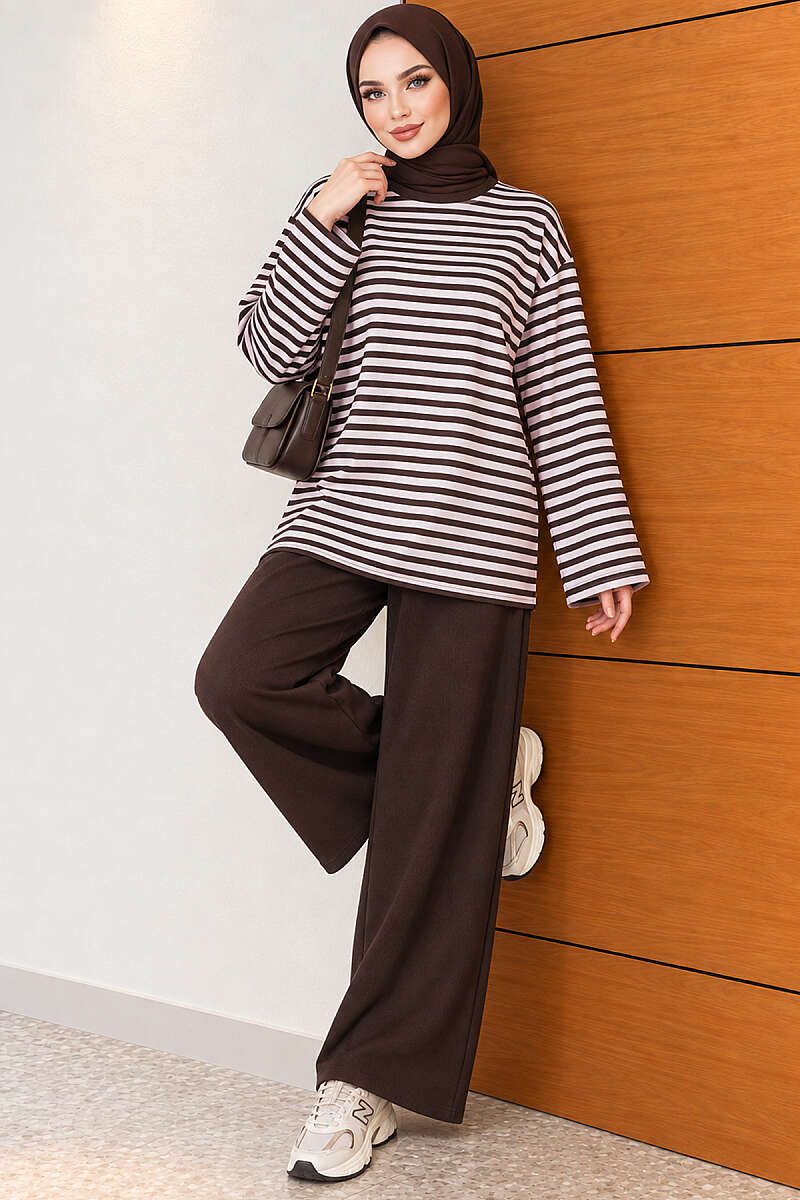 Horizontal Striped French Terry Two-Piece Set Pink - الصورة 2