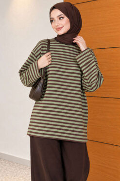Alternative view of Horizontal Striped French Terry Two-Piece Set Green