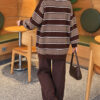 Horizontal Striped Ribbed Knit Tunic Brown - الصورة 3