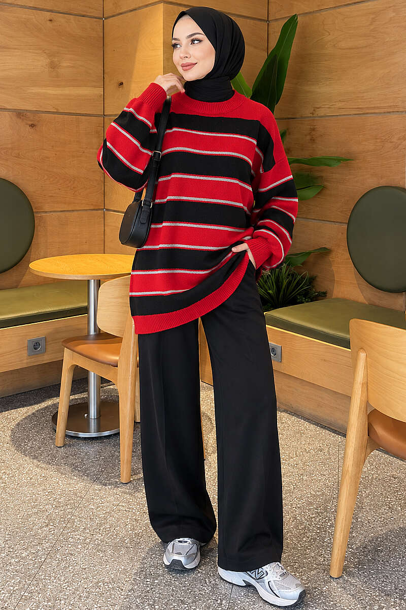 Horizontal Striped Ribbed Knit Tunic Red - الصورة 2