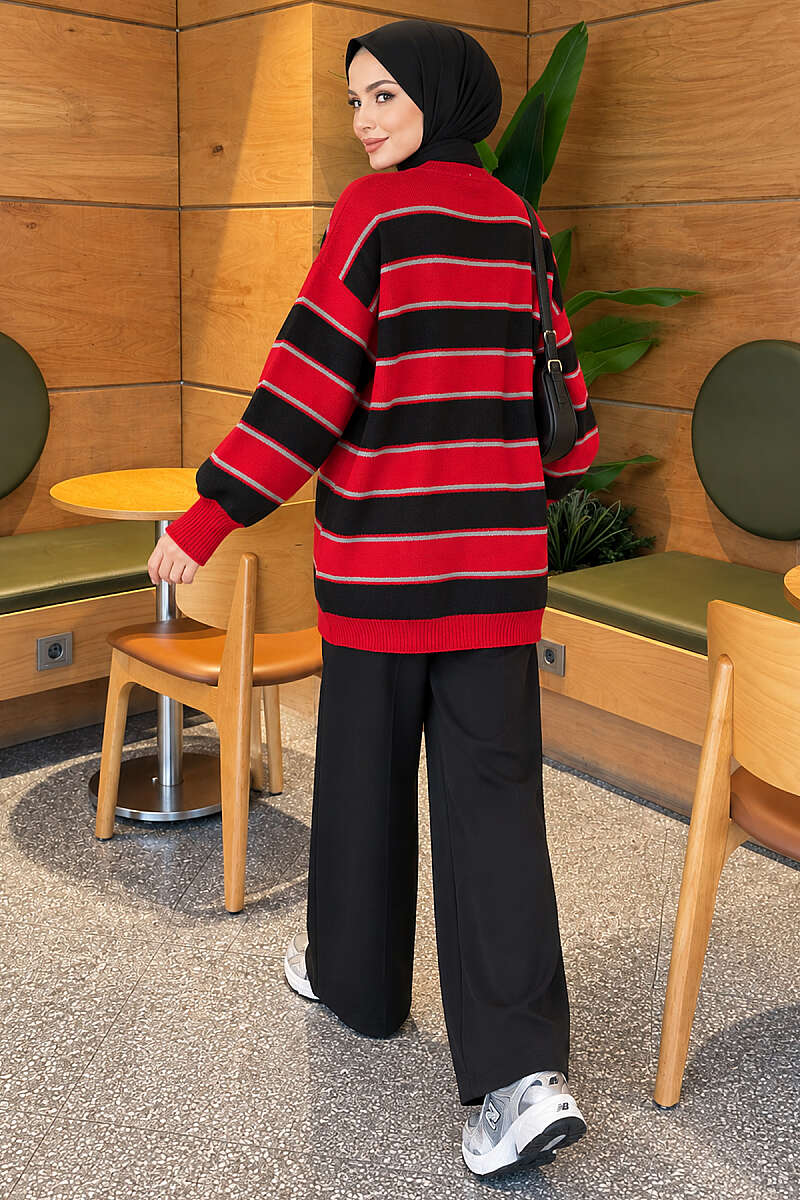 Horizontal Striped Ribbed Knit Tunic Red - الصورة 3