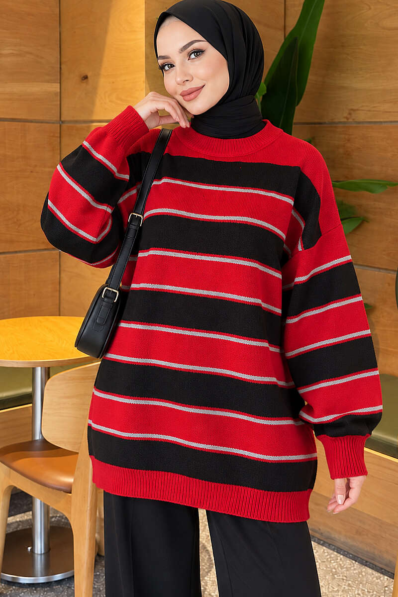 Horizontal Striped Ribbed Knit Tunic Red - الصورة 4
