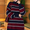 Horizontal Striped Ribbed Knit Tunic Navy Blue