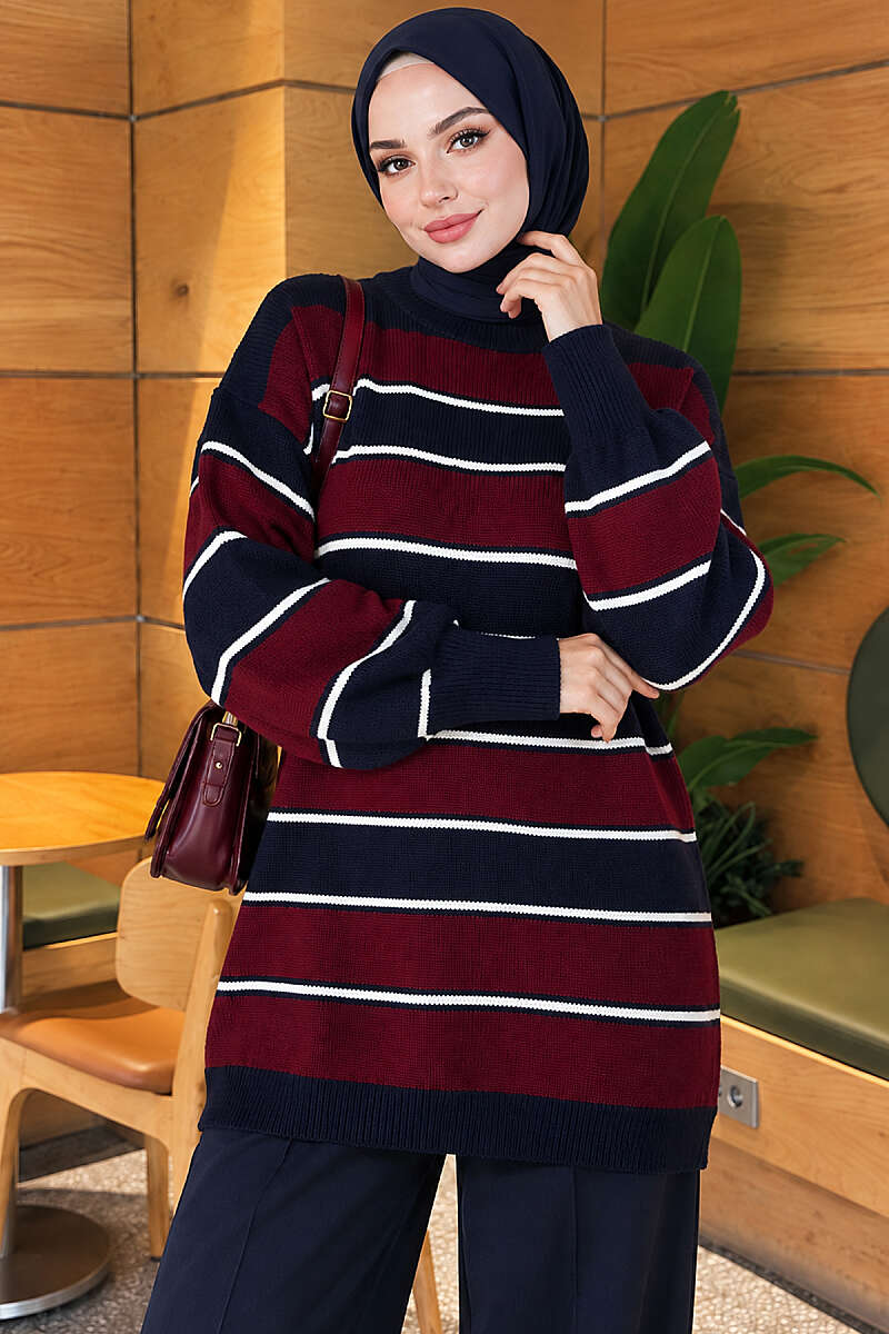 Horizontal Striped Ribbed Knit Tunic Navy Blue