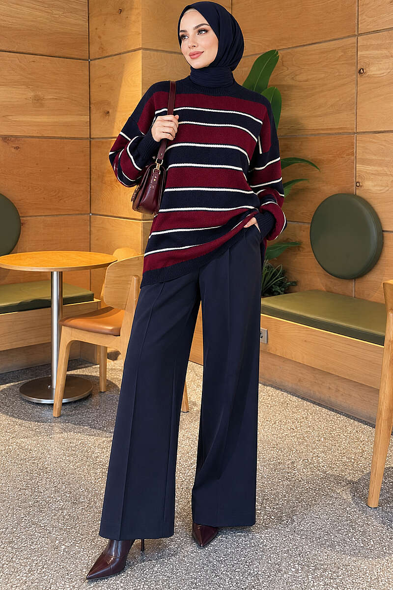 Horizontal Striped Ribbed Knit Tunic Navy Blue - الصورة 2