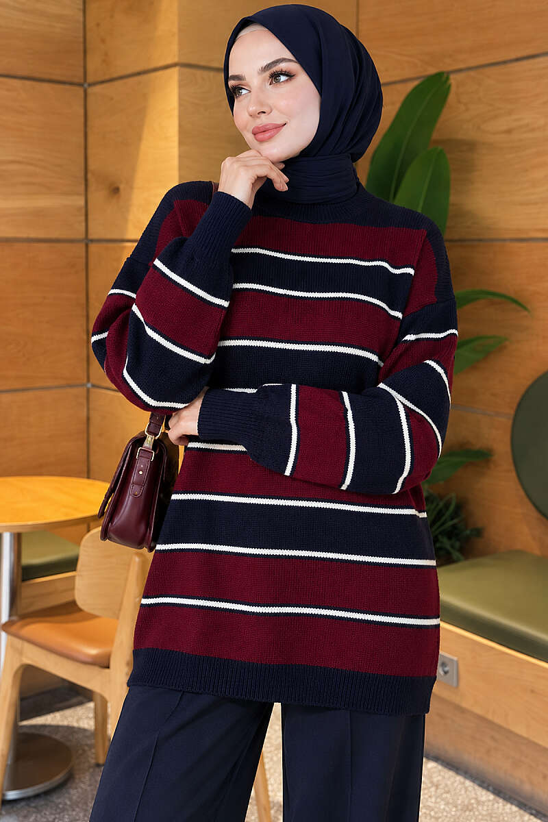 Horizontal Striped Ribbed Knit Tunic Navy Blue - الصورة 3