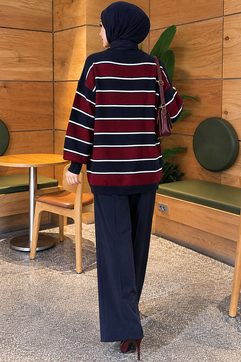 Horizontal Striped Ribbed Knit Tunic Navy Blue - الصورة 4