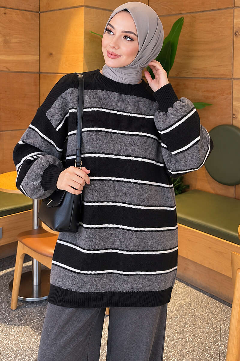 Horizontal Striped Ribbed Knit Tunic Black