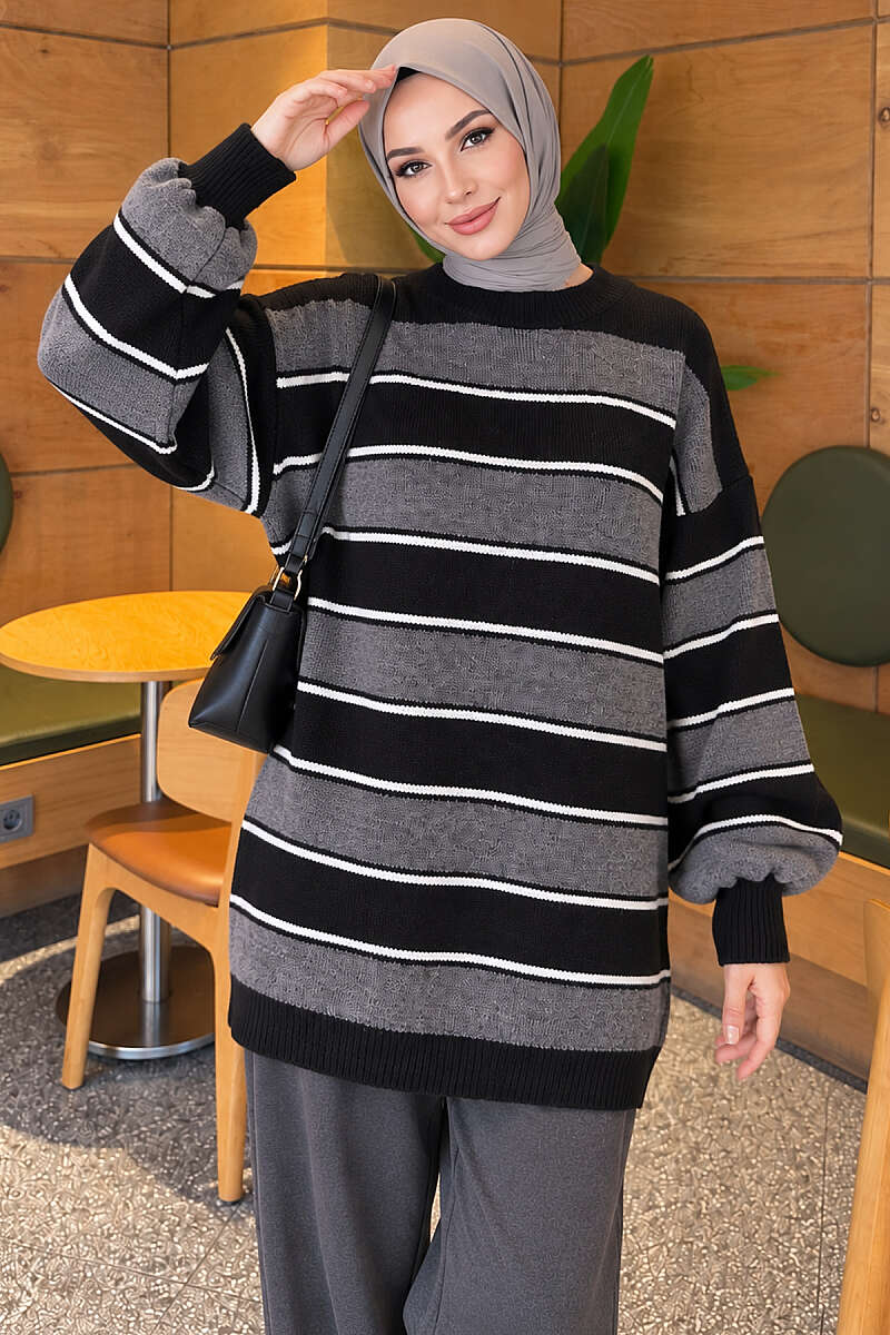 Horizontal Striped Ribbed Knit Tunic Black - الصورة 4