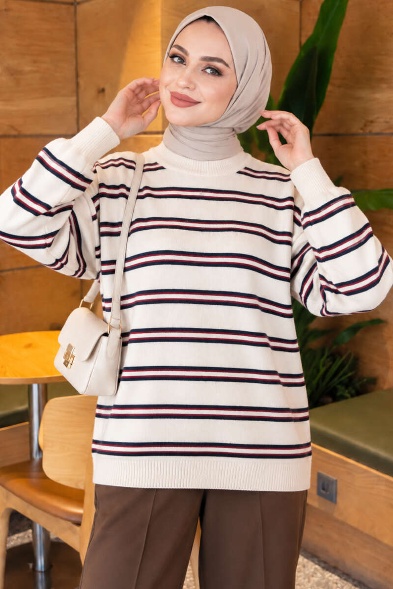 Horizontal Stripe Loose Knit Tunic Beige – Bild 3