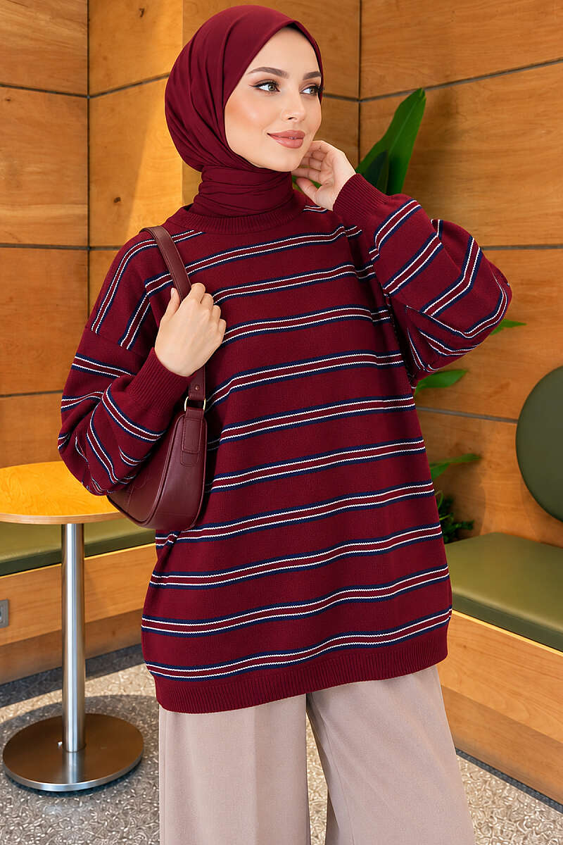 Horizontal Stripe Loose Knit Tunic Burgundy