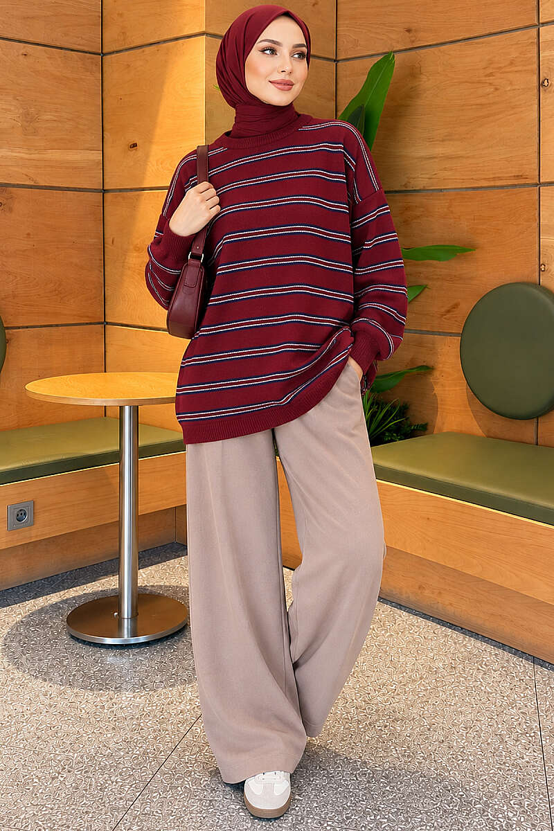 Horizontal Stripe Loose Knit Tunic Burgundy - Imagen 2