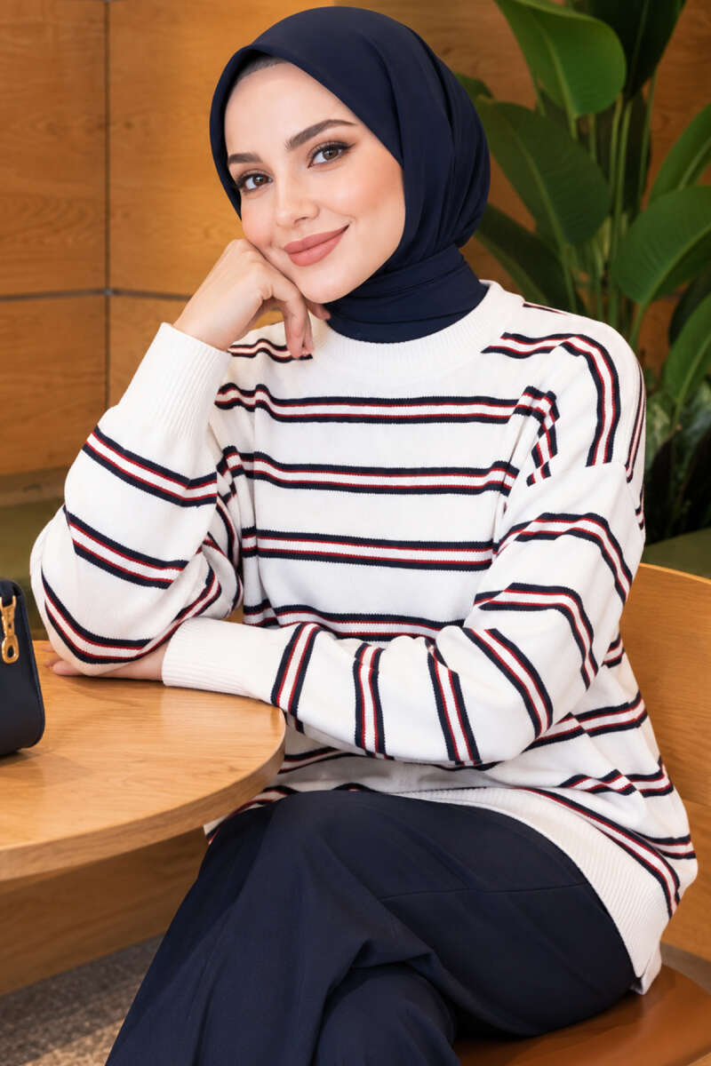 Horizontal Stripe Loose Knit Tunic Ecru