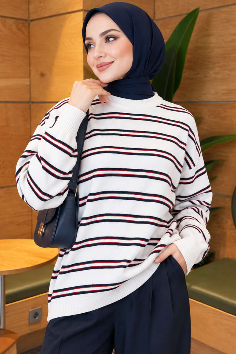 Horizontal Stripe Loose Knit Tunic Ecru – Bild 3