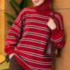 Horizontal Stripe Loose Knit Tunic Red