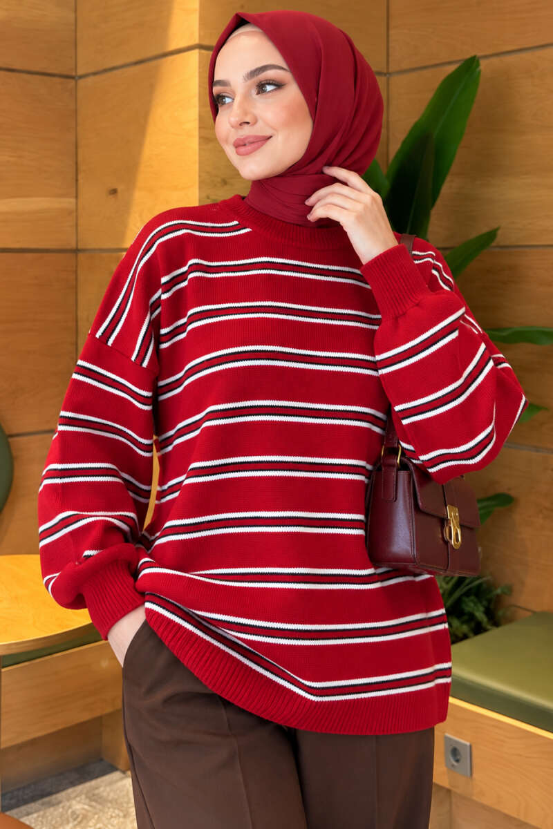 Horizontal Stripe Loose Knit Tunic Red – Image 3