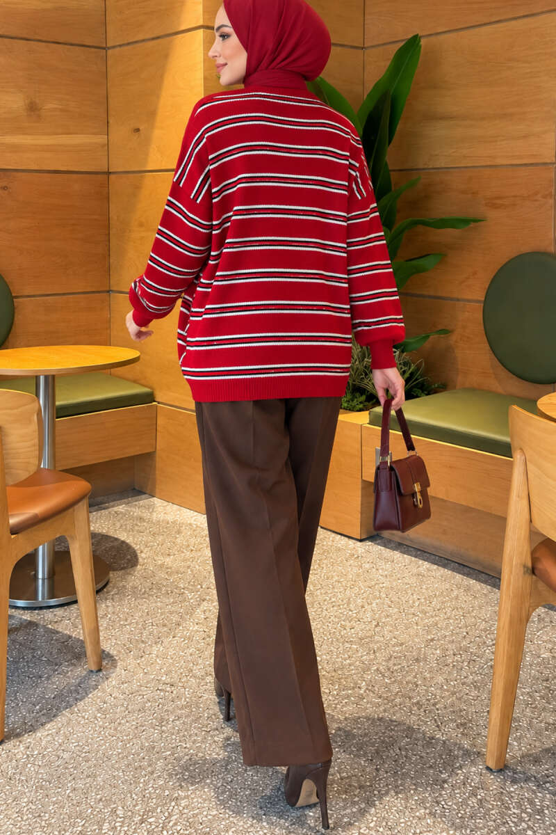 Horizontal Stripe Loose Knit Tunic Red – Image 4
