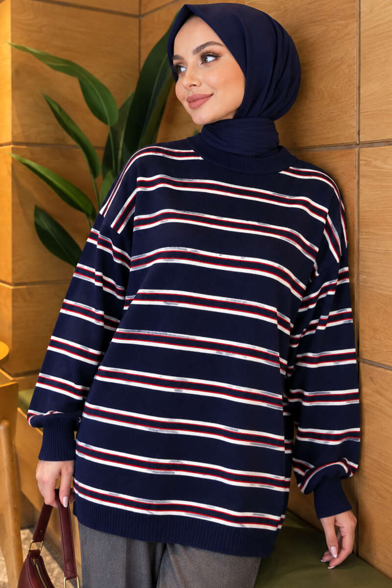 Horizontal Stripe Loose Knit Tunic Navy Blue