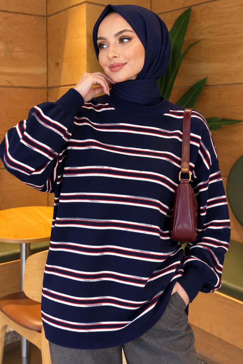 Horizontal Stripe Loose Knit Tunic Navy Blue - Afbeelding 3