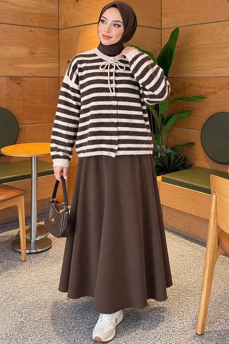 Horizontal Striped French Terry Knit Cardigan Beige - Imagen 2