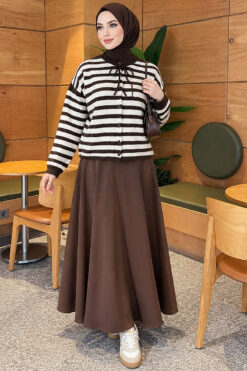 Alternative view of Horizontal Striped French Terry Knit Cardigan Brown