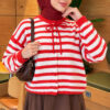 ⁦Horizontal Striped French Terry Knit Cardigan Red⁩ - الصورة ⁦3⁩