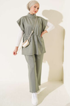 Sleeveless Top and Trousers Set in French Terry Fabric Khaki