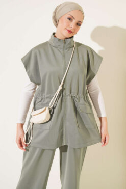 Alternative view of Sleeveless Top and Trousers Set in French Terry Fabric Khaki