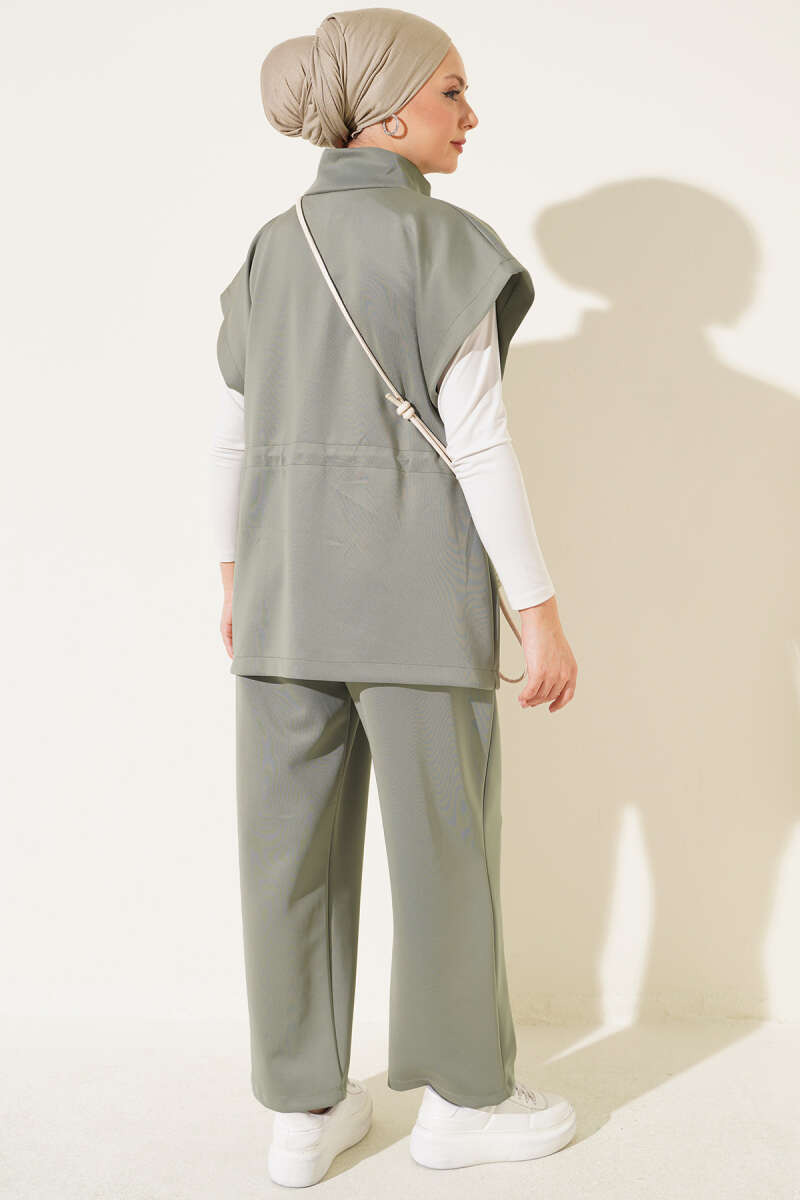 Sleeveless Top and Trousers Set in French Terry Fabric Khaki - Imagen 3