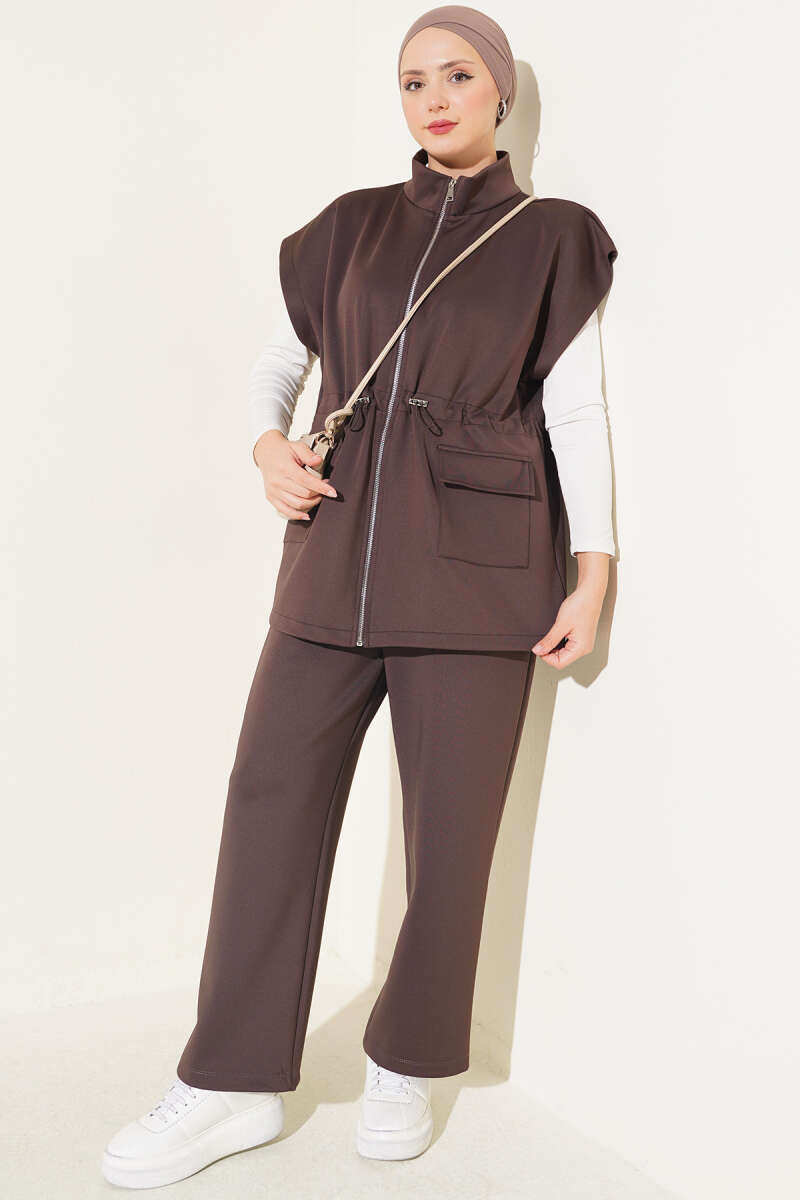 Sleeveless Top and Trousers Set in French Terry Fabric Brown