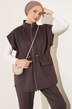 Alternative view of Sleeveless Top and Trousers Set in French Terry Fabric Brown