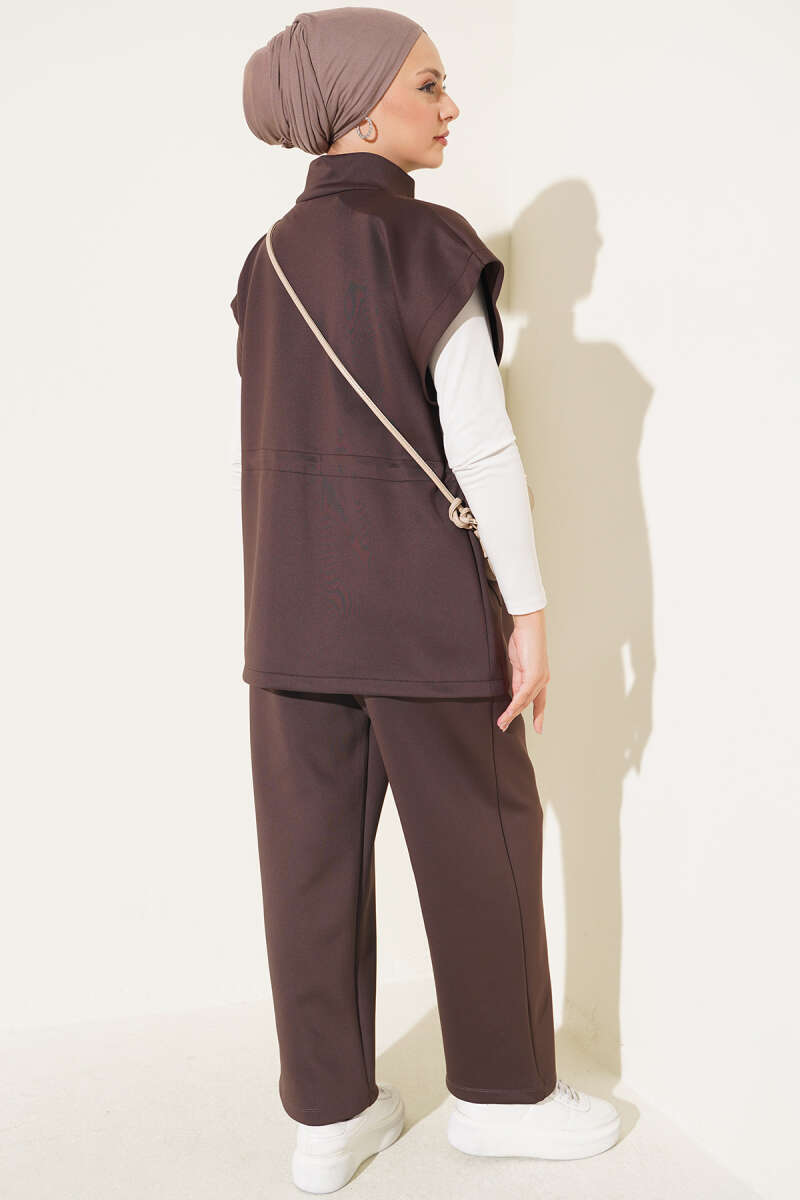 Sleeveless Top and Trousers Set in French Terry Fabric Brown - Imagen 3