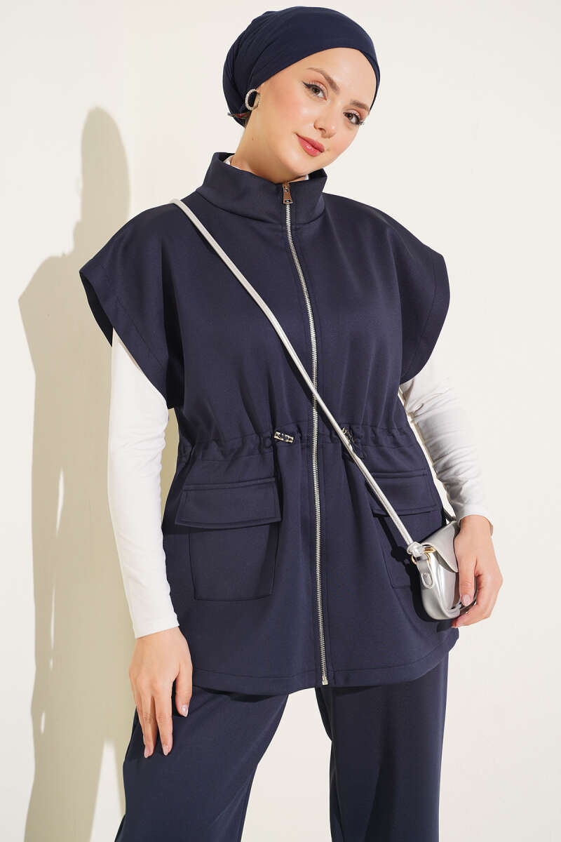 Sleeveless Top and Trousers Set in French Terry Fabric Navy Blue - immagine 2