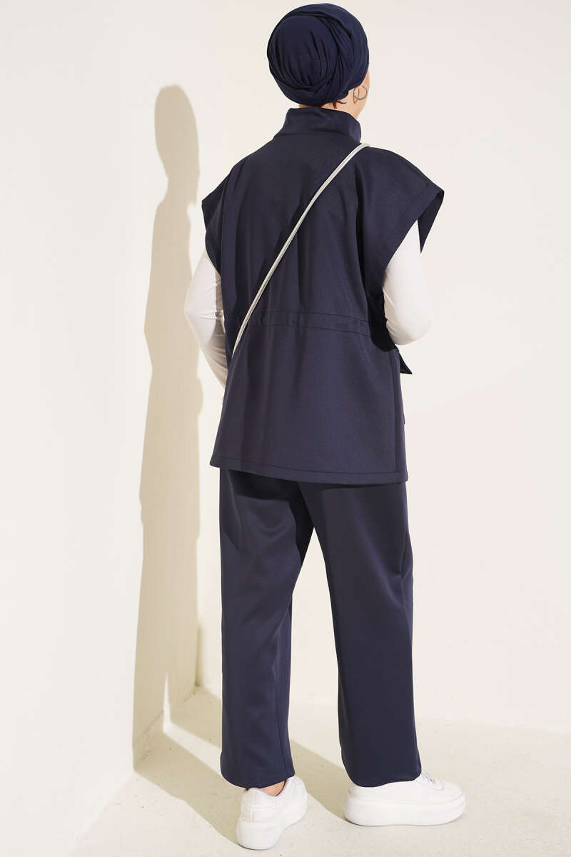 Sleeveless Top and Trousers Set in French Terry Fabric Navy Blue - immagine 3