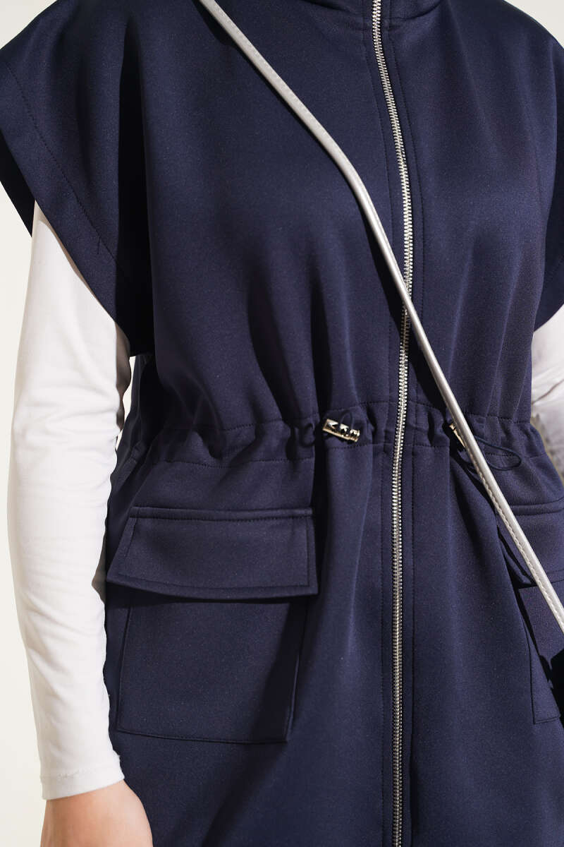 Sleeveless Top and Trousers Set in French Terry Fabric Navy Blue - immagine 4