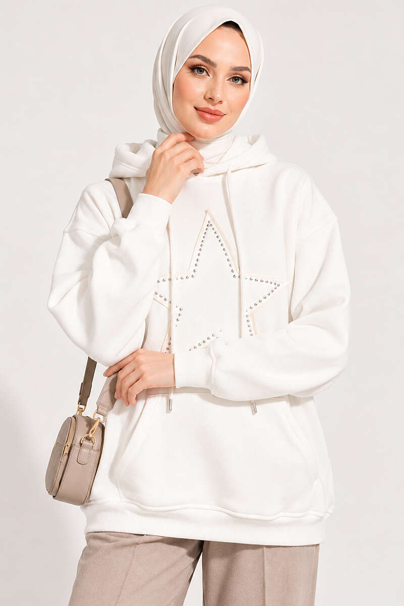 Star-Embroidered French Terry Two-Thread Knit Sweatshirt Ecru – Bild 3