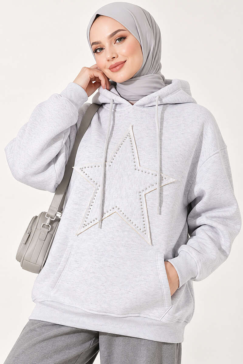 Star-Embroidered French Terry Two-Thread Knit Sweatshirt Grey – Image 3