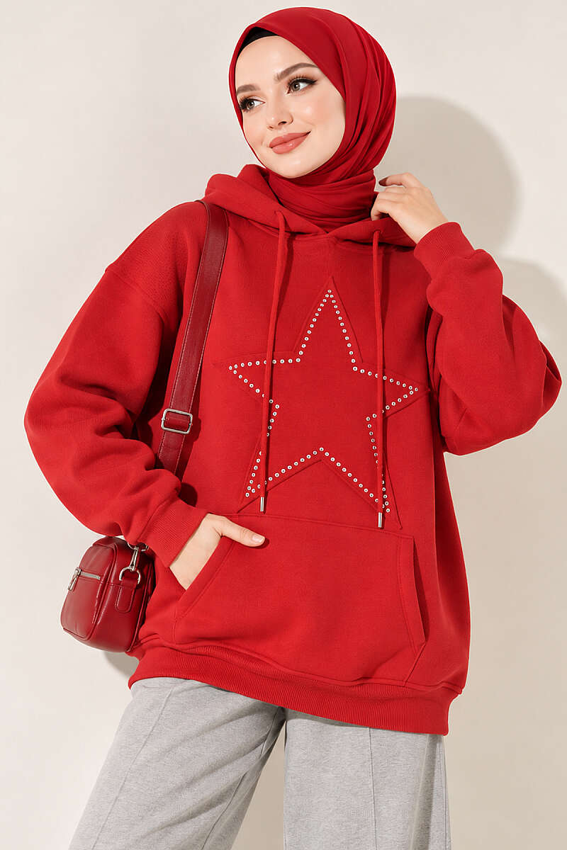 Star-Embroidered French Terry Two-Thread Knit Sweatshirt Red