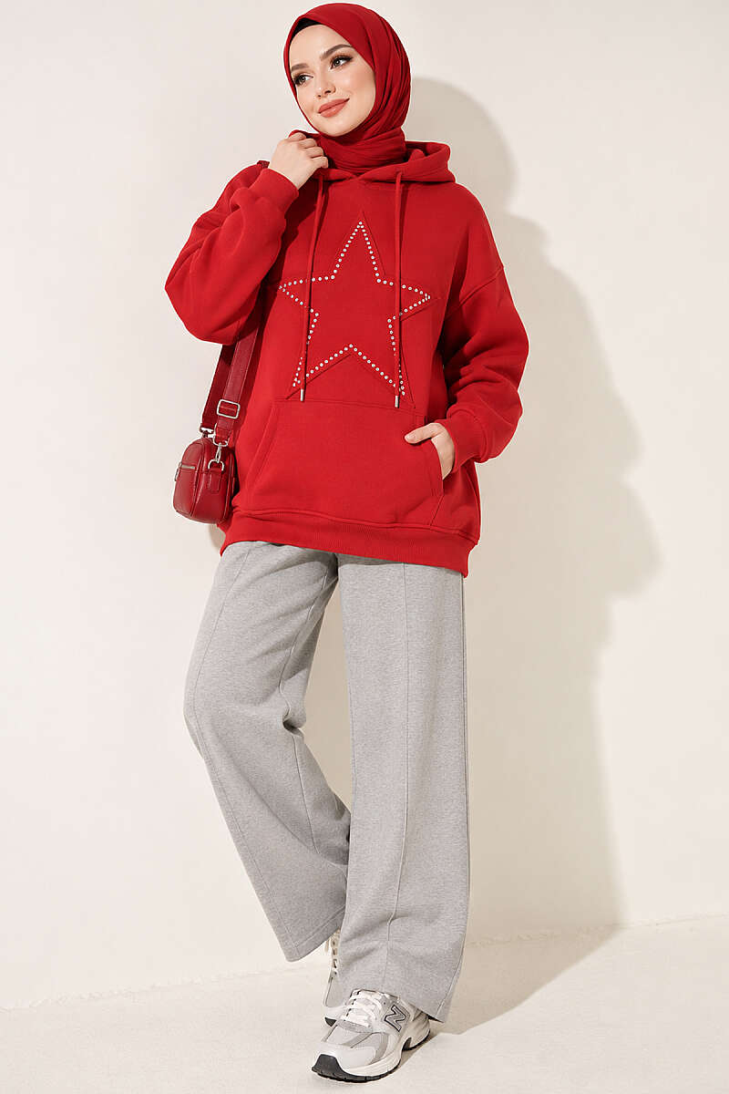 Star-Embroidered French Terry Two-Thread Knit Sweatshirt Red - الصورة 2
