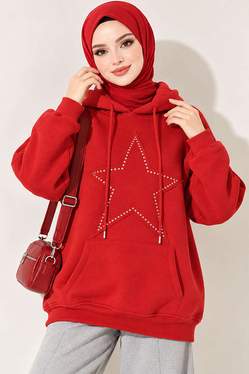 Star-Embroidered French Terry Two-Thread Knit Sweatshirt Red - الصورة 3