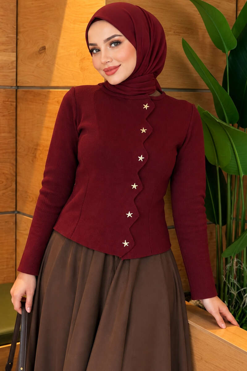 Star-Buttoned Knit Cardigan Burgundy