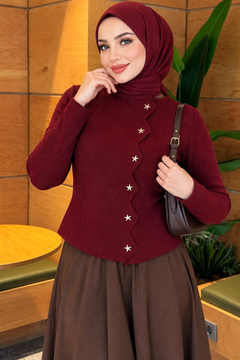 Star-Buttoned Knit Cardigan Burgundy - Image 3