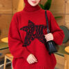 Star Embroidered French Terry Knit Sweater Red