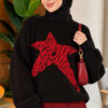 Star Embroidered French Terry Knit Sweater Black