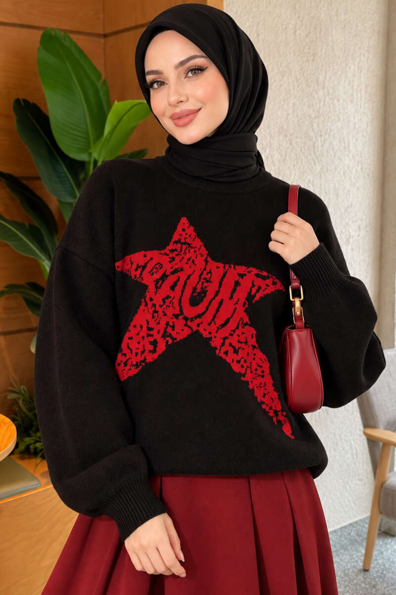 Star Embroidered French Terry Knit Sweater Black