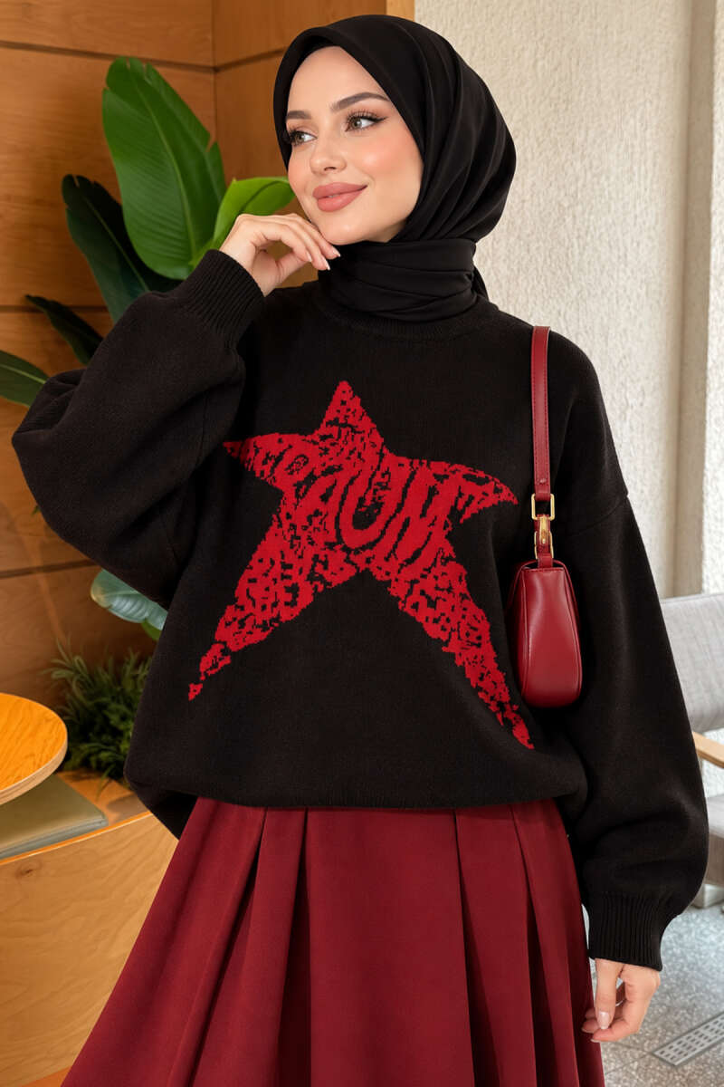 Star Embroidered French Terry Knit Sweater Black – Image 3