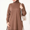 Split-Detail Buttoned Mercerized Tunic Latte
