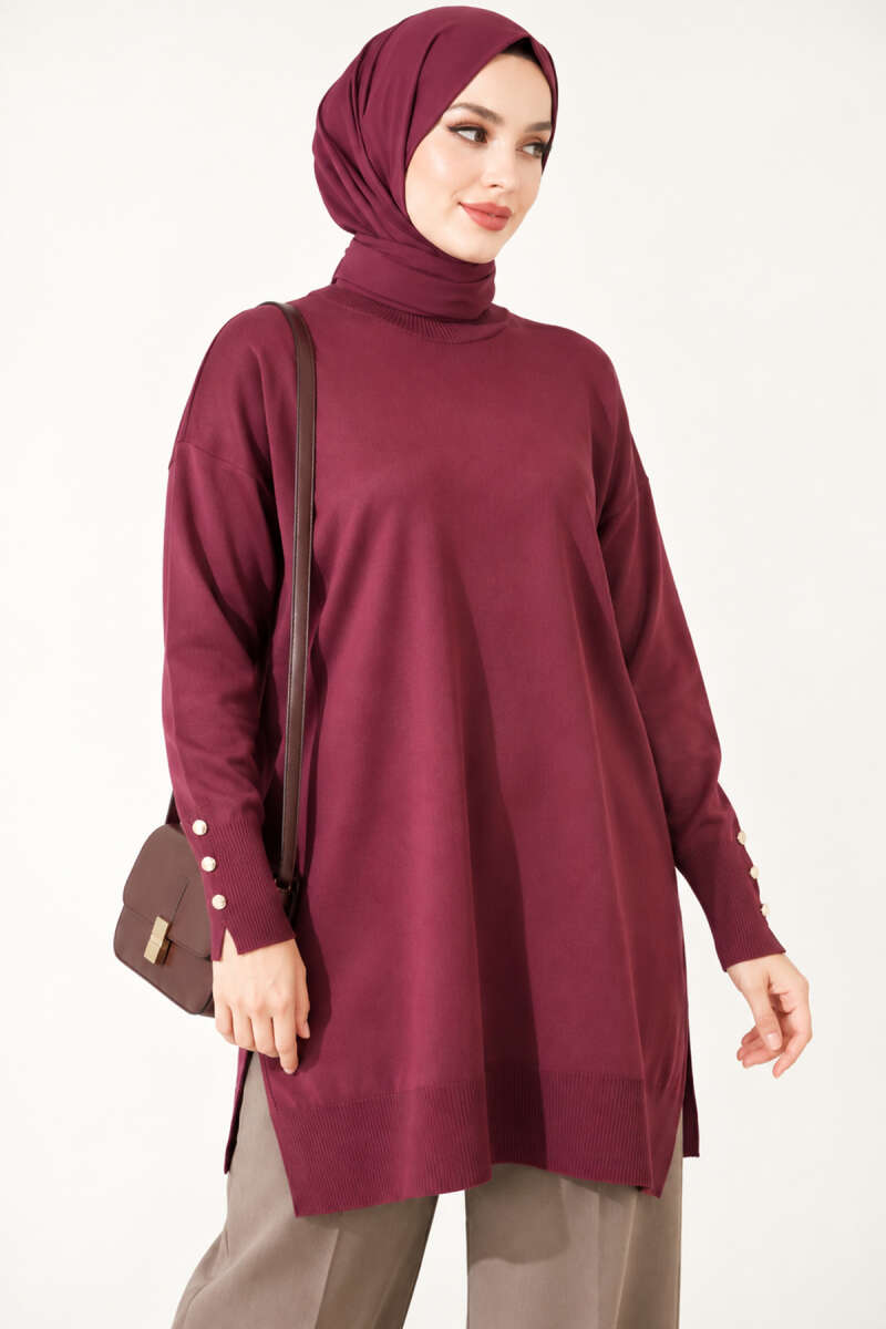 Split-Detail Buttoned Mercerized Tunic Plum